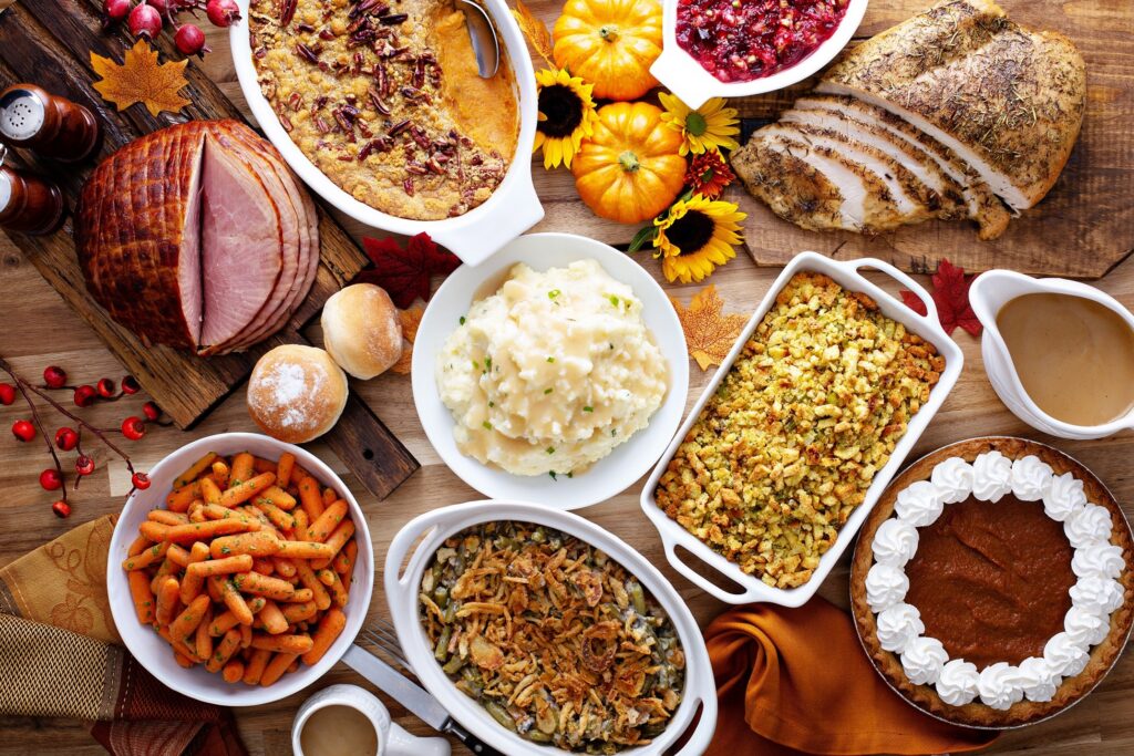 Thanksgiving spread on rustic table